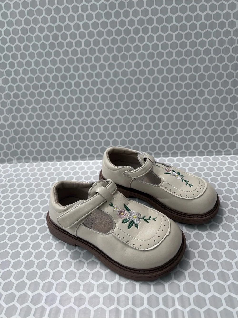 Girls Cream Mary Jane Shoes with Floral Embroidery & Velcro Straps